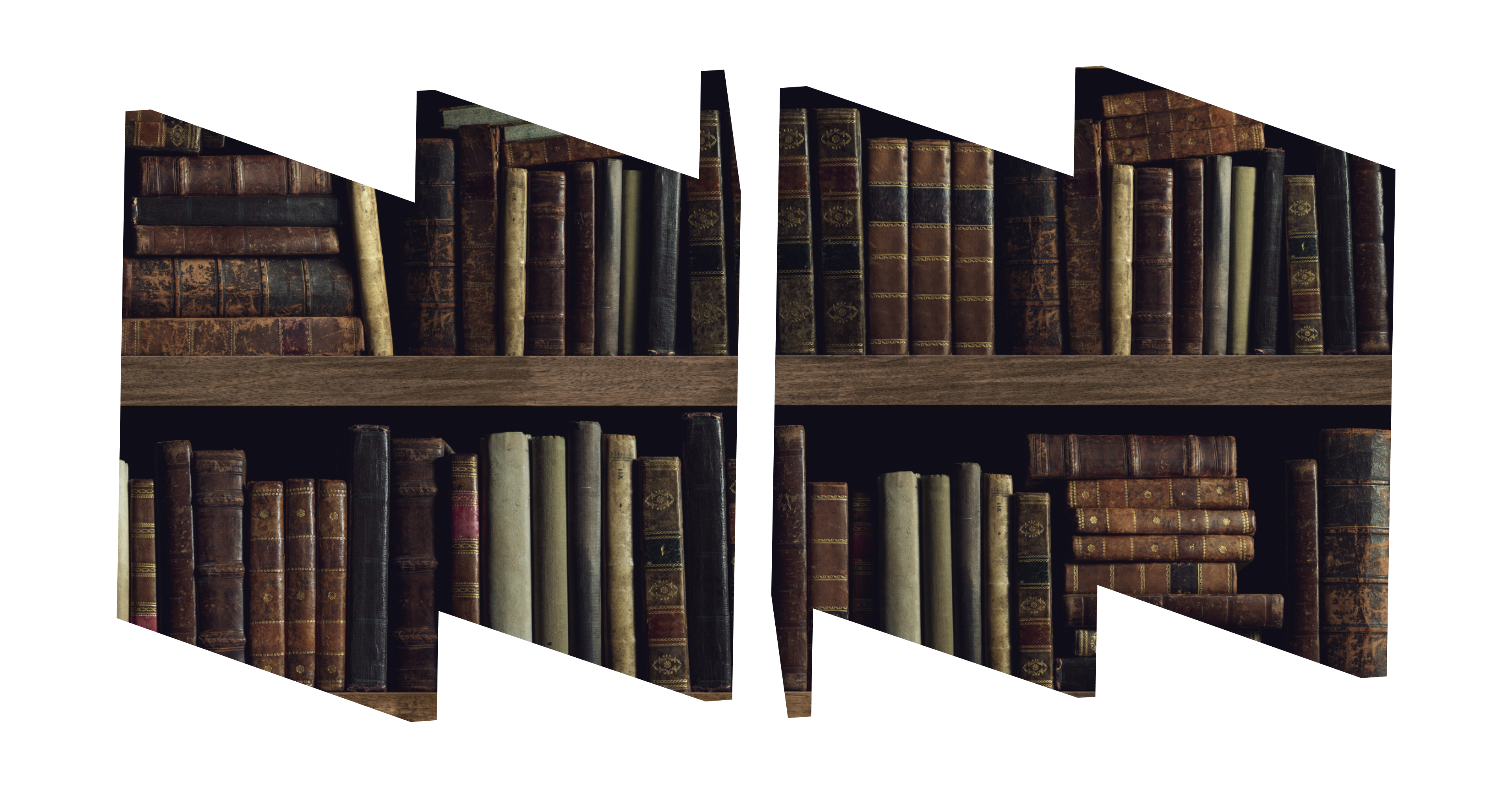 Left "W" frame and right "M" frame with images of books on a shelf.